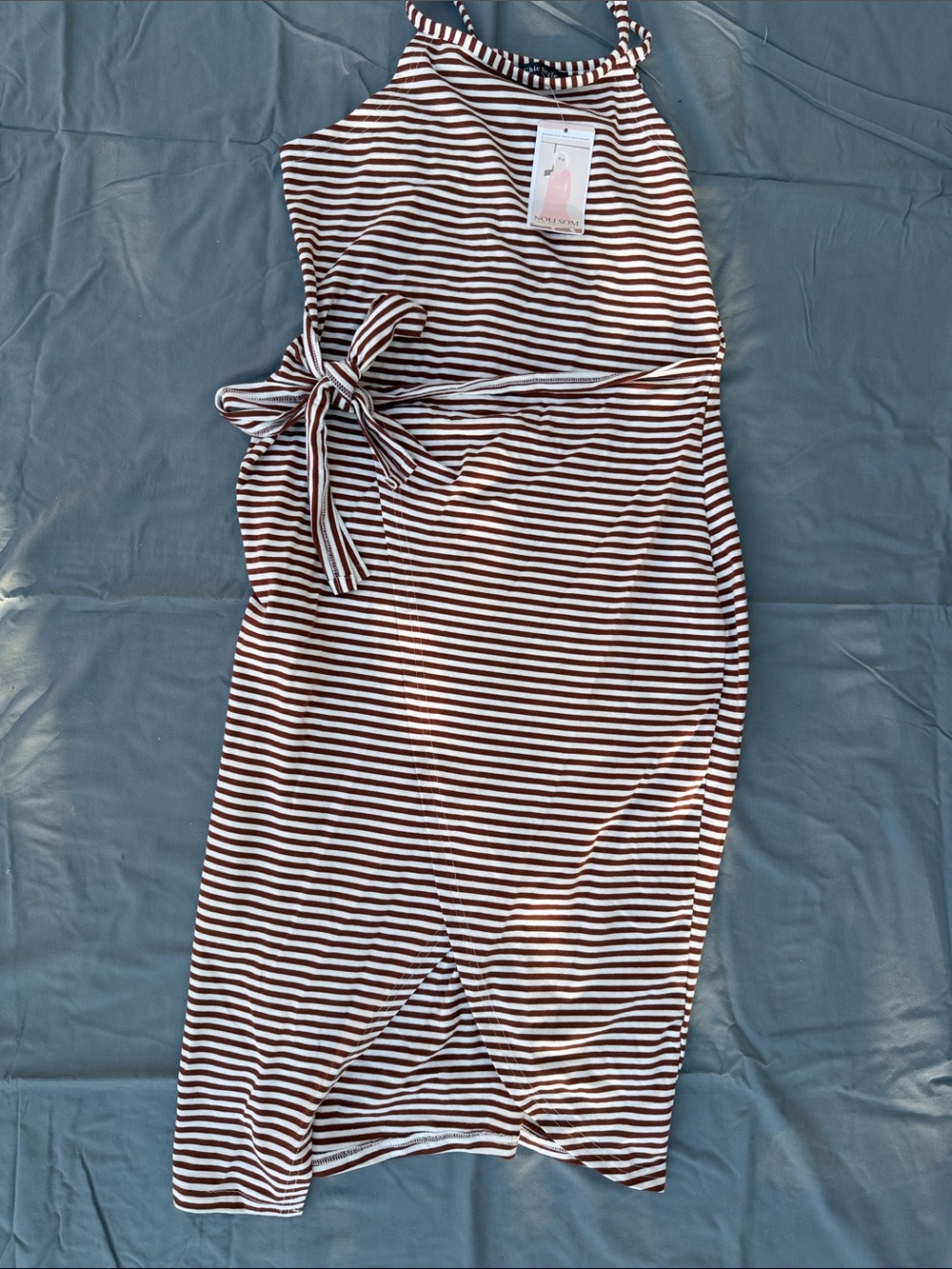 Sleeveless Stripe Tie-Waist Midi Dress in Brown and White